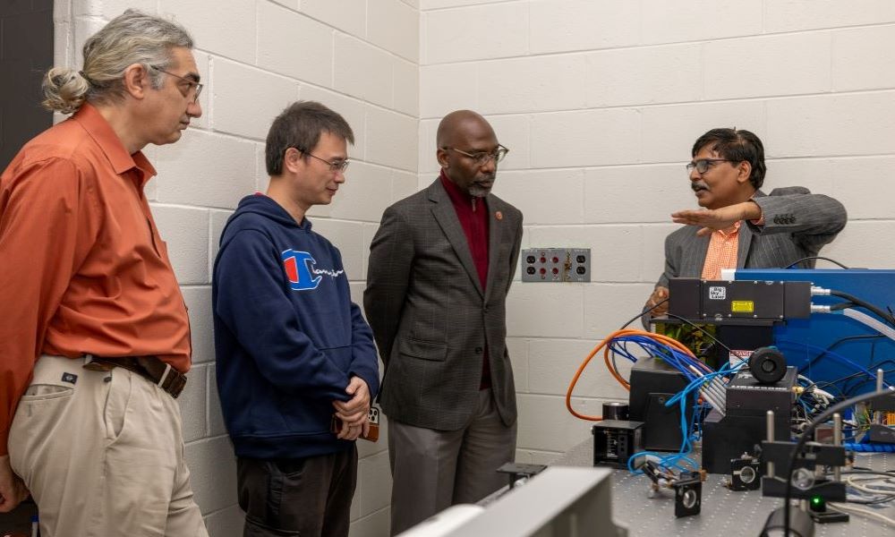 The team at Tuskegee University, including (left to right) Dimitar Dimitrov, Fan Wu, S. Keith Hargrove, and Akshaya Kumar, in the lab