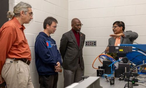 The team at Tuskegee University, including (left to right) Dimitar Dimitrov, Fan Wu, S. Keith Hargrove, and Akshaya Kumar, in the lab.