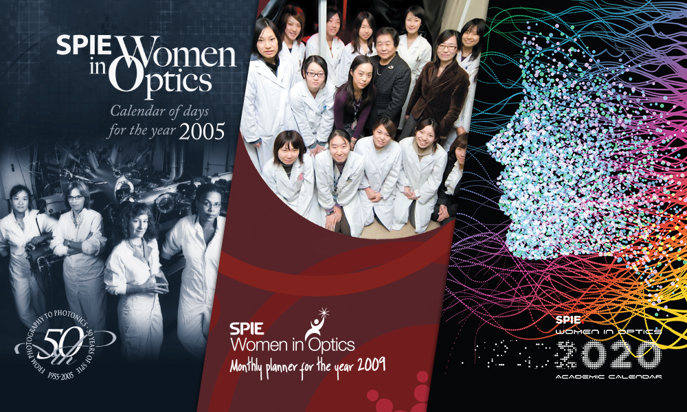 Cover collage of Women in Optics planners from 2005, 2009, and 2020