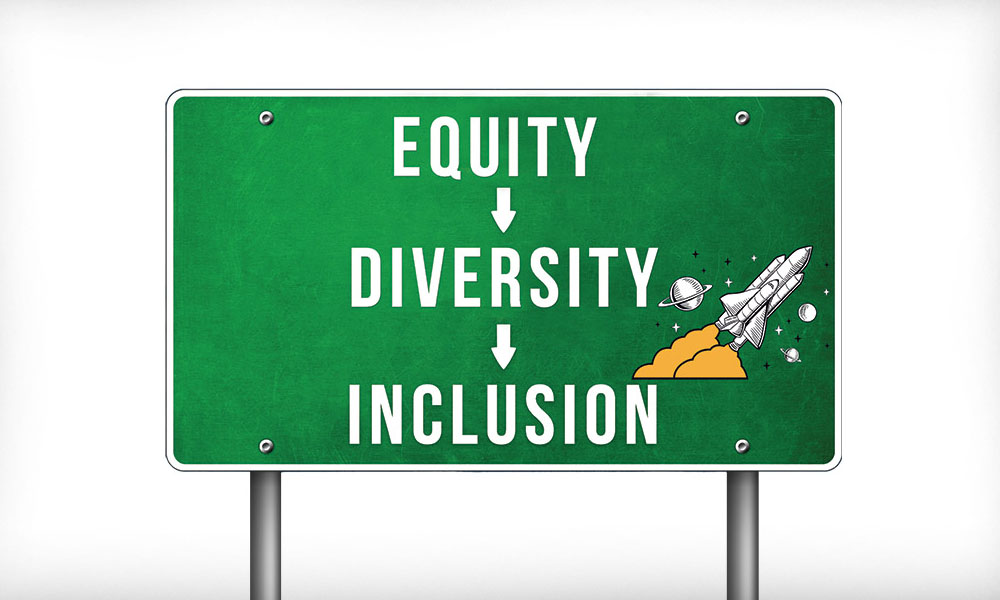 A road sign that says Equity Diversity Inclusion