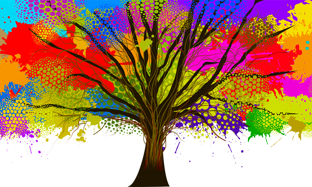 Artful tree with many colors in the background, representing the diversity of our community