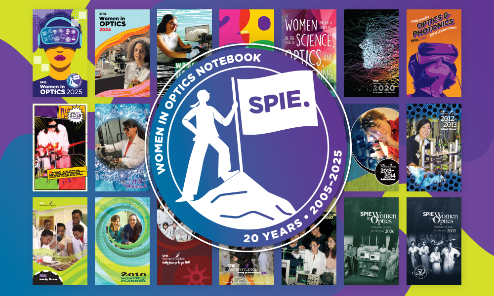 A collage of all Women in Optics notebook covers from 2005 to 2025 with an emblem of the 20th-anniversary celebration 