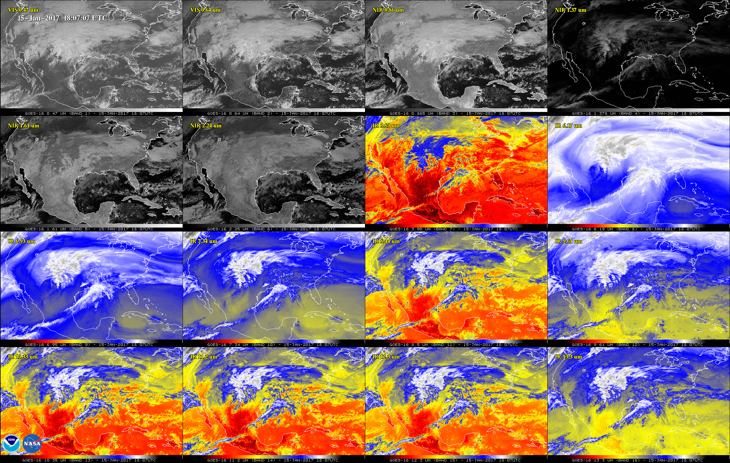 This 16-panel image shows the continental United States in the two visible, four near-infrared and 10 infrared channels on ABI