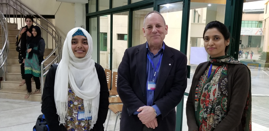 Niemela at the National Centre for Physics in Islamabad in 2019, with Shamshad, right, and Air University student Urooba Shaikh