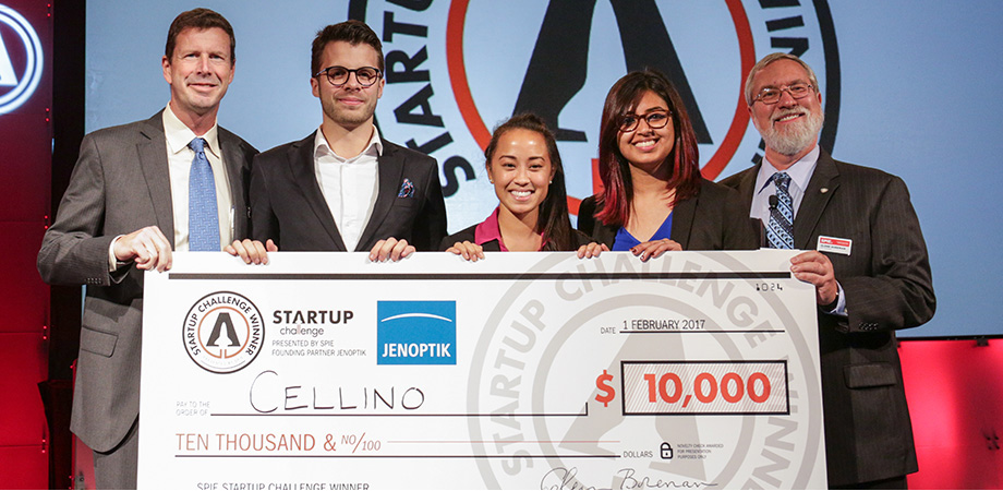 Jay Kumler, left, and 2017 SPIE President Glenn Boreman, far right, with 2017 SPIE Startup Challenge winners Cellino.