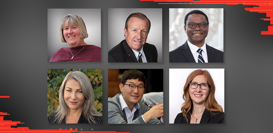 SPIE 2023 Election Results: Top row, from left to right: Julie Bentley, Jim McNally, Samuel Achilefu. Bottom row, from left to right: Agnes Huebscher, Daewook Kim, Michelle Stock.