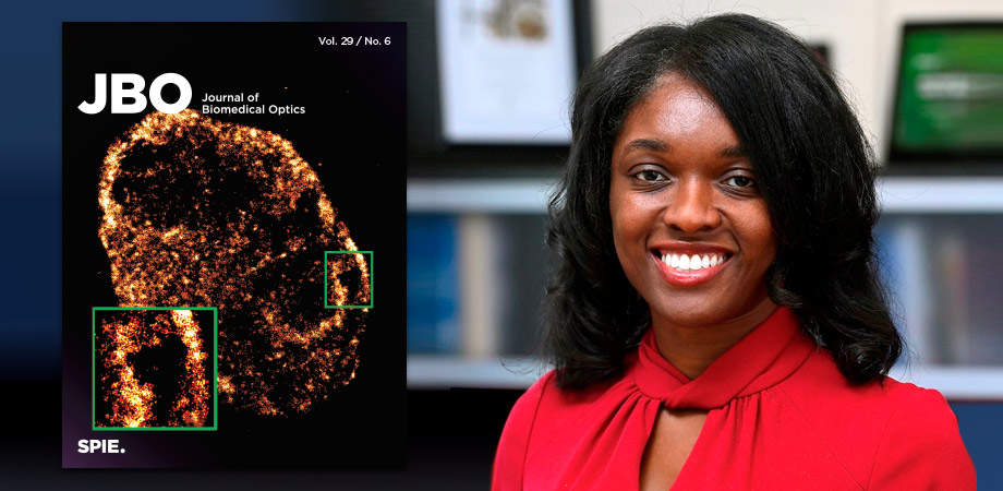 A cover of SPIE's Journal of Biomedical Optics and a headshot of Muyinatu A. Lediju Bell, who will lead the journal from January 2025. Bell photo credit: Johns Hopkins University