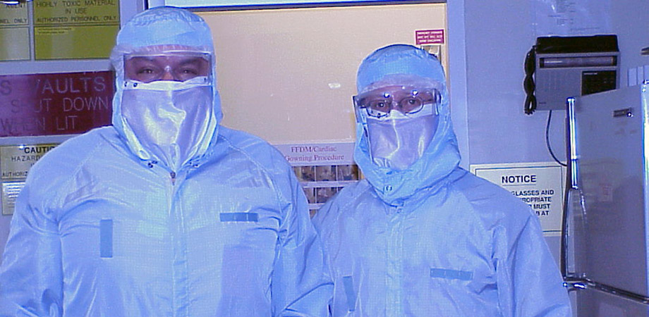 2025 SPIE Harrison H Barrett Award in Medical Imaging recipient Martin Yaffe, left, and lab member Dr. James Mainprize in an ultra-clean room where the first full-size amorphous silicon flat panel X-ray detectors for digital mammography were manufactured. 