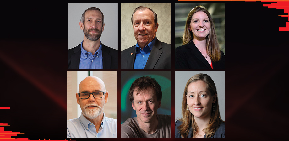 Headshots of winners of 2022 SPIE elections: Top row, from left to right: Peter de Groot, Jim McNally, Jessica DeGroote Nelson. Bottom row, from left to right: David Hagan, Miles Padgett, Laura Waller.