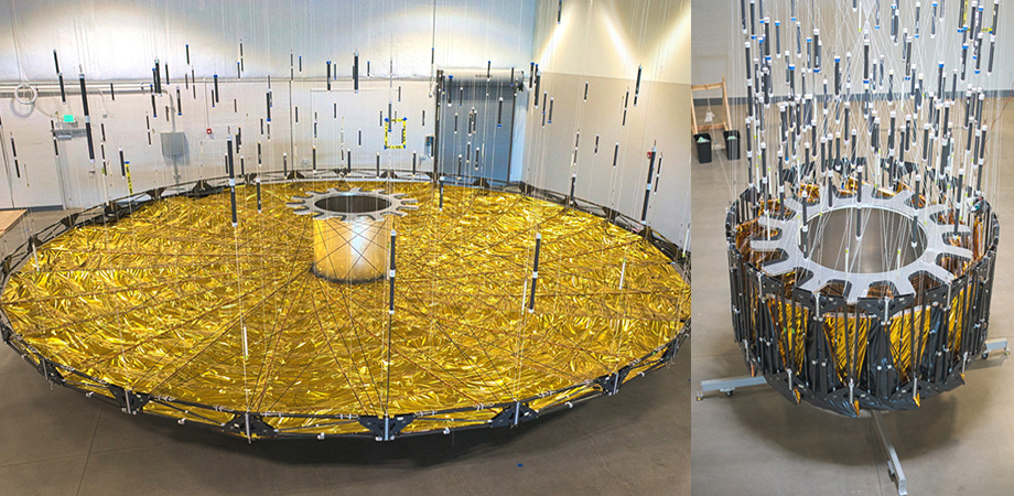 Image shows an example of an Inner Disk Subsystem, a key element of furled starshade architecture, deployed (left) and stowed, from “Demonstration of deployment repeatability of key subsystems of a furled starshade architecture.” Arya et al, one of the papers in the JATIS special section focusing on starshade technology. Credit: Jet Propulsion Laboratory.